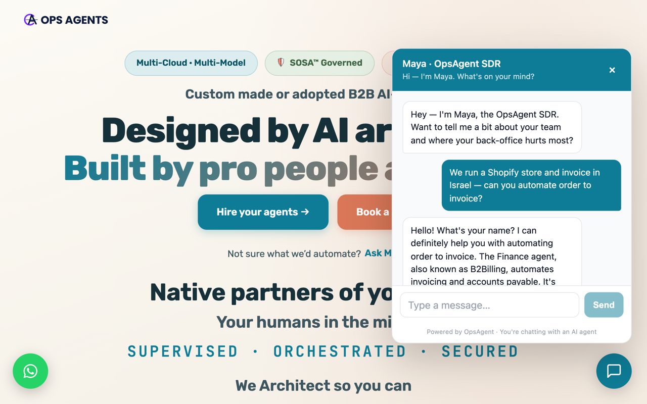 Maya — the AI that sells on your website — answering a visitor and capturing a lead